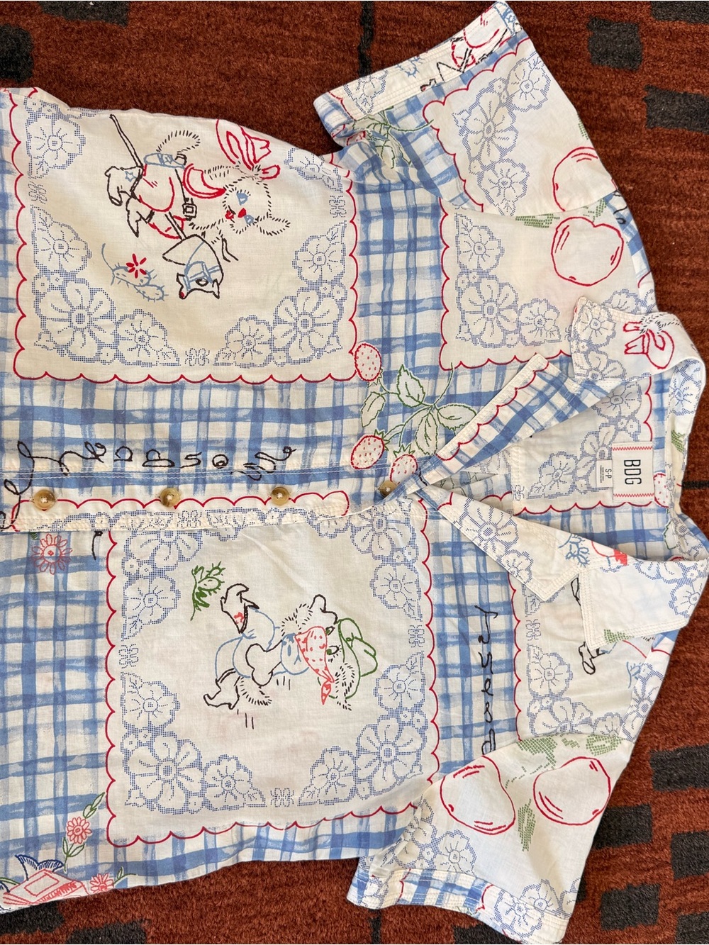 BDG Blue & White Gingham Short Sleeve Button Down Shirt
